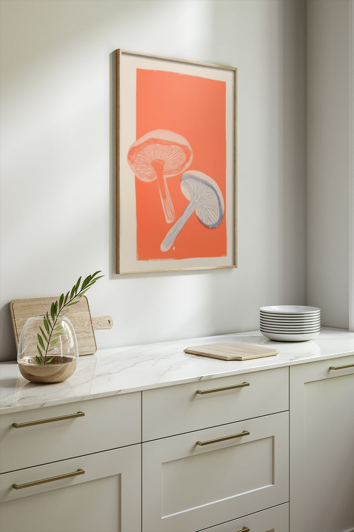 Modern Mushroom Artwork with Orange Background Framed Poster in Kitchen