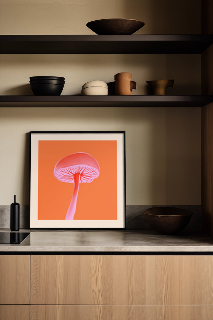 Modern orange mushroom art poster in a stylish home interior
