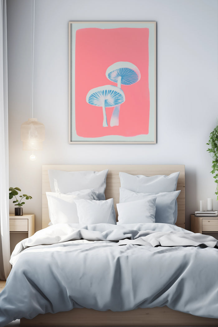 Stylish modern mushroom artwork poster on a bedroom wall with cozy interior design