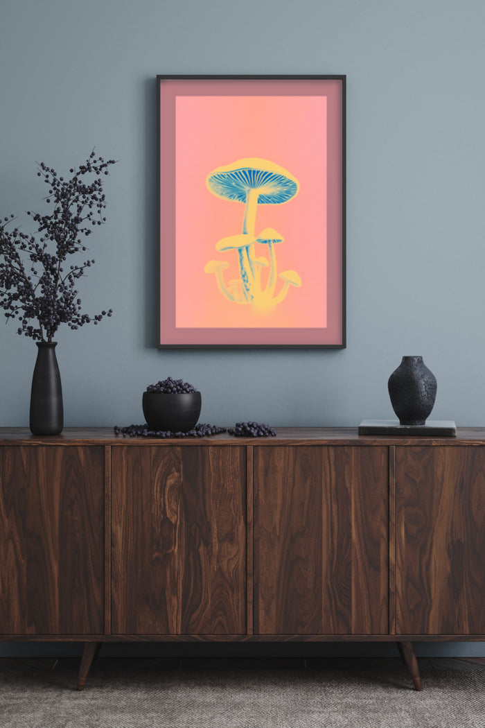 Stylish interior with modern mushroom artwork framed poster on wall above wooden sideboard