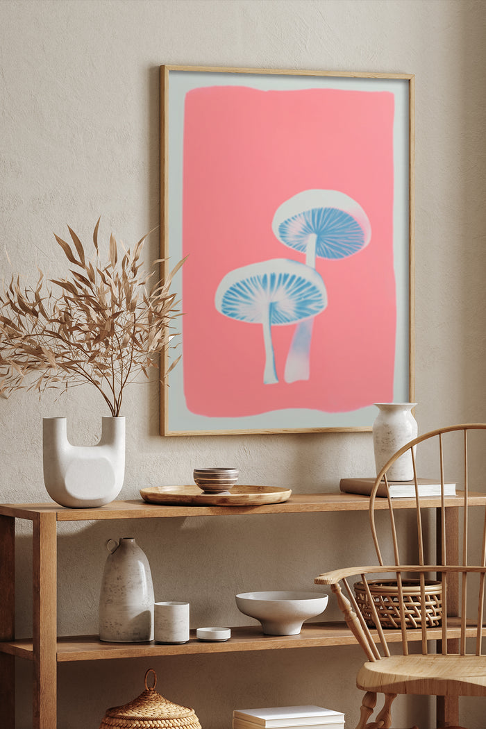 Contemporary abstract mushroom poster design displayed in a stylish interior