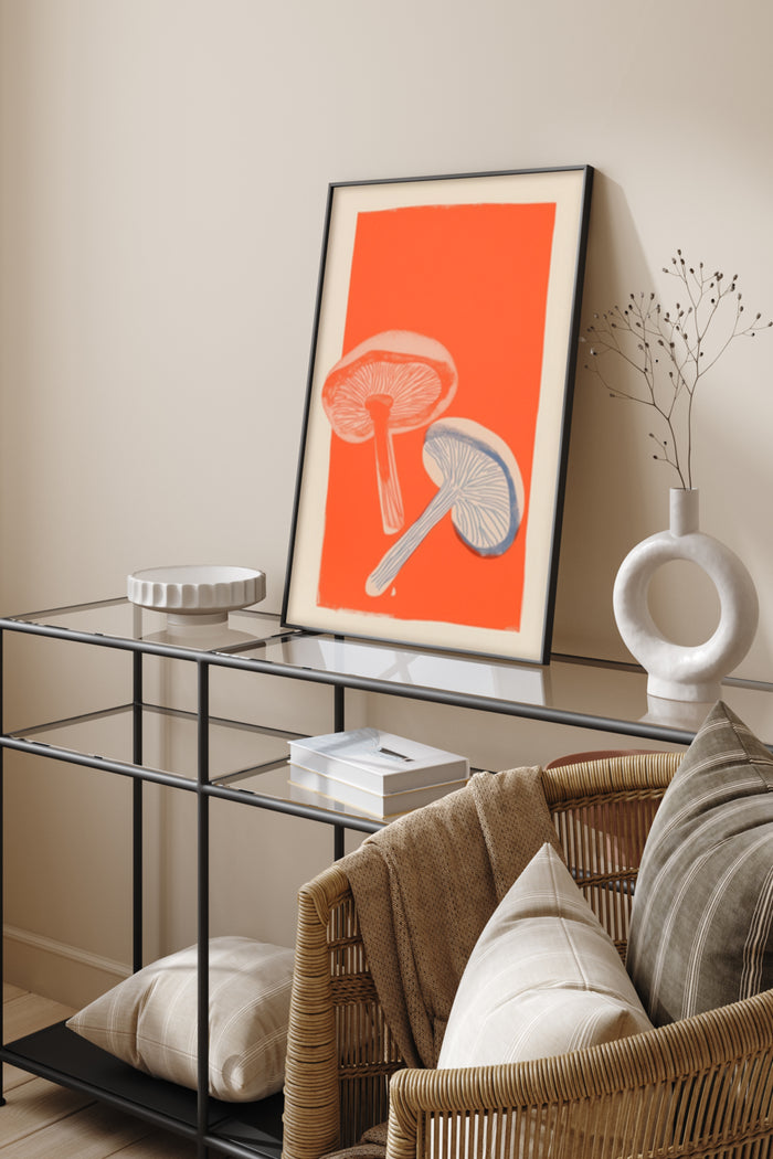 Modern mushroom illustration poster with vibrant red background displayed in a stylish interior