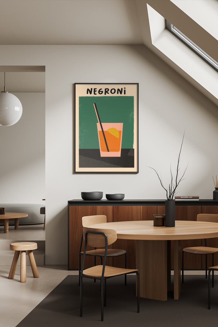 Stylish modern Negroni cocktail poster framed on a dining room wall