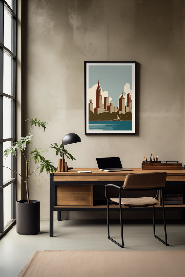Stylish home office with framed retro cityscape poster on the wall