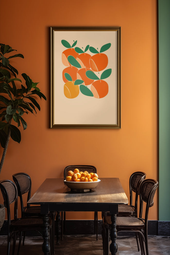 Modern orange and green fruit artwork poster in elegant dining room setting