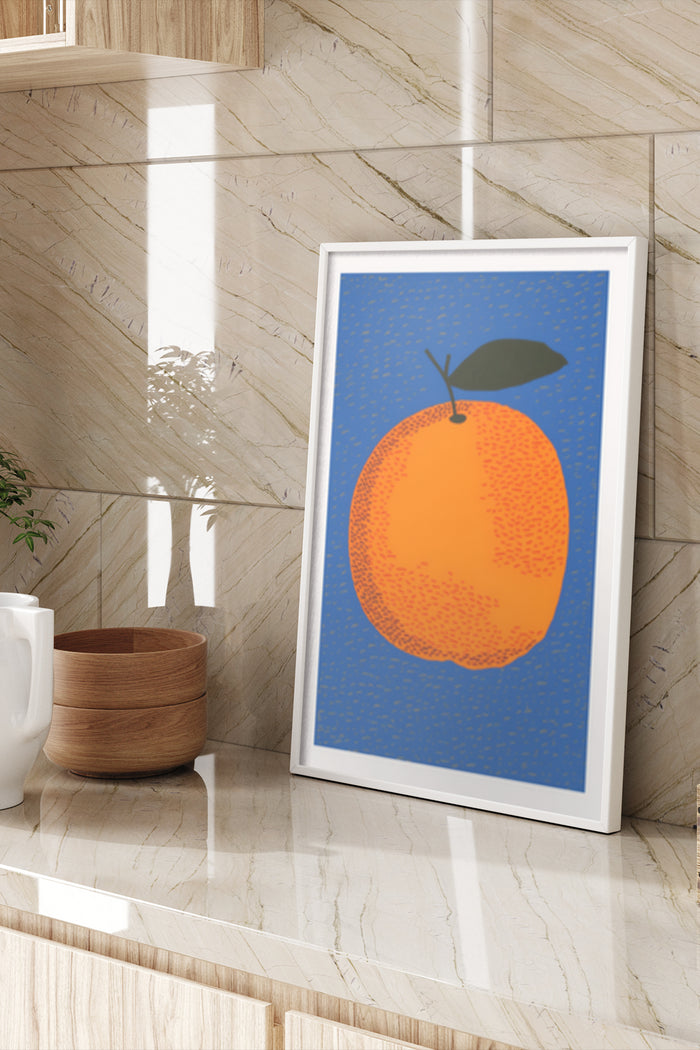 Stylish modern art poster featuring an orange illustration hung on a marble wall in a cozy room with wooden decor