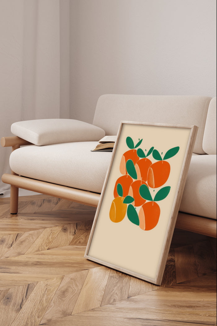 Stylish modern art poster featuring oranges with leaves in contemporary living room setting, ideal for home decor and art lovers