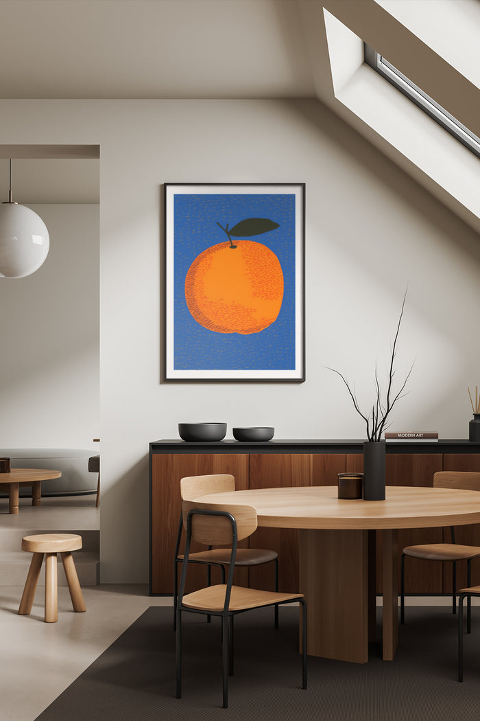 Modern orange fruit artwork poster in stylish dining room interior