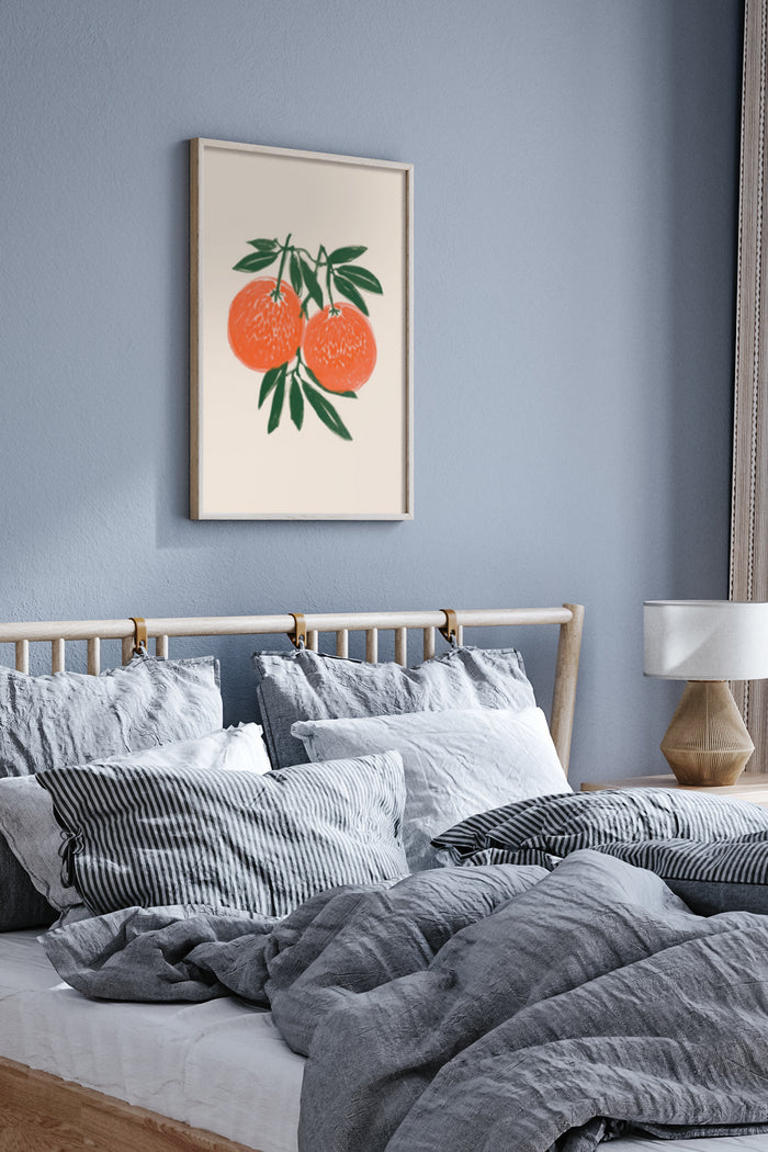 Minimalist Orange Branch Art Poster In Bedroom Interior
