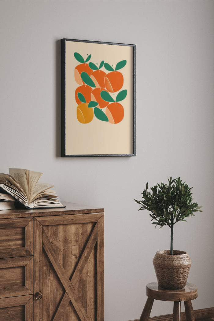 Stylish modern orange citrus fruit poster framed on a wall