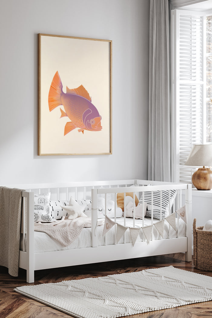 Contemporary orange fish artwork poster on nursery room wall