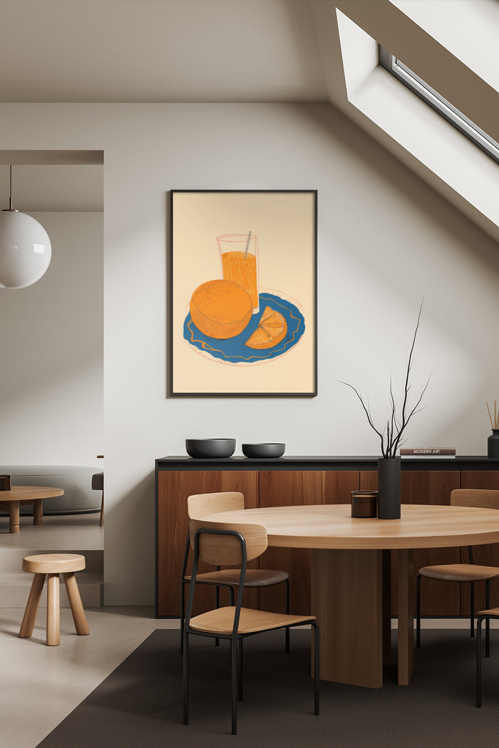 Modern minimalist poster with orange juice and sliced orange illustration in stylish dining room