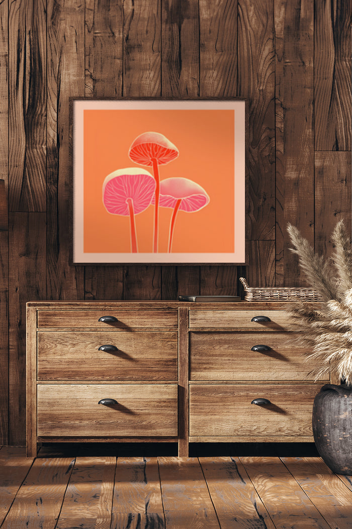 Modern Orange Mushroom Artwork Poster in Wooden Frame Hung on Rustic Wood Wall with Wooden Dresser and Basket Decor