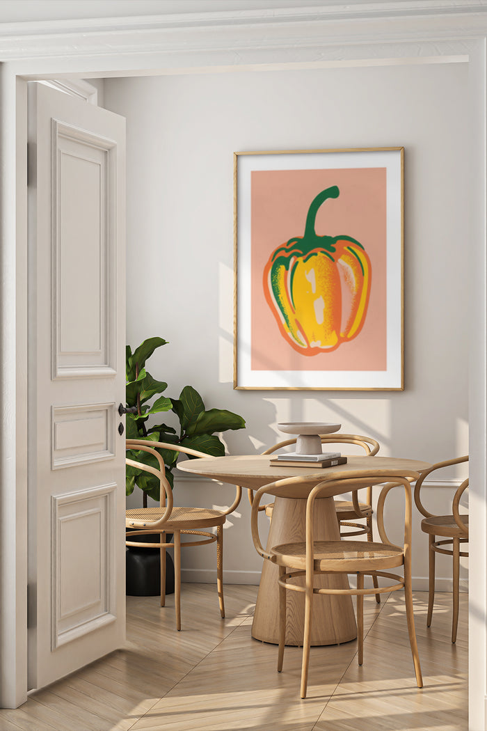 Stylish modern dining room featuring an eye-catching orange pepper artwork poster on the wall