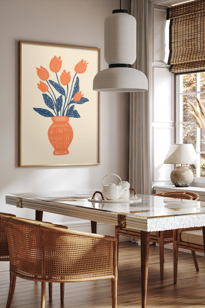 Modern Art Poster of Orange Tulips in Vase against Cream Wall in Stylish Dining Room