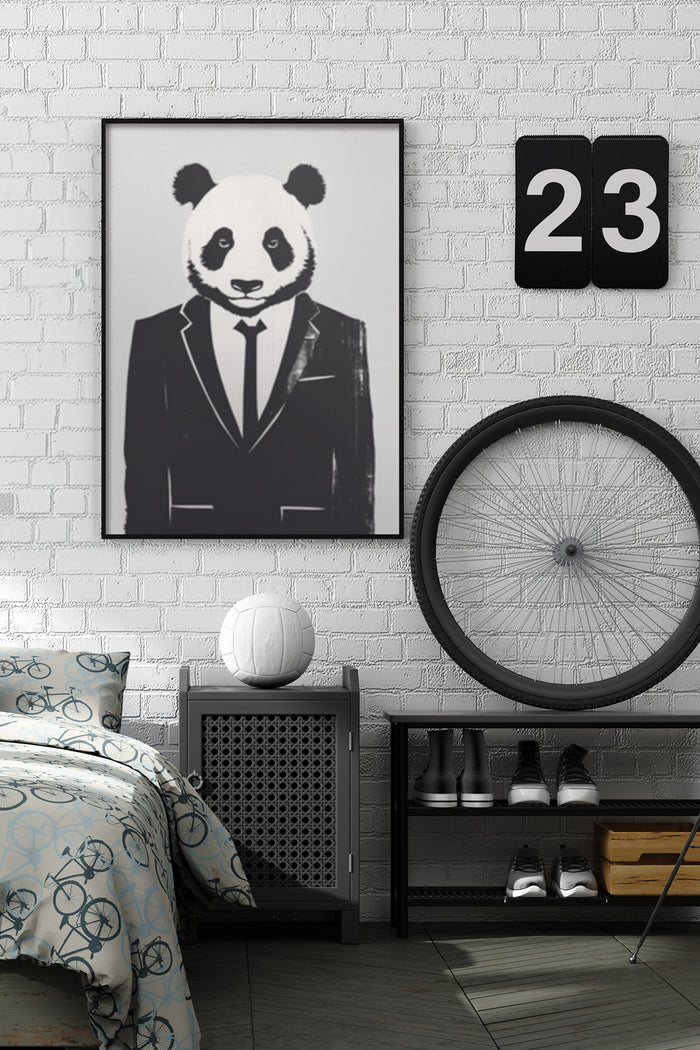 Stylish black and white panda in suit poster hanging in a contemporary bedroom interior