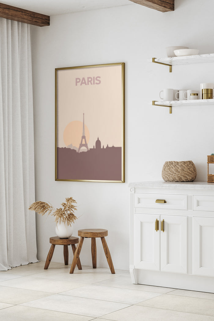 Stylish minimalist poster of Paris skyline with Eiffel Tower in warm pastel colors, framed on a simple white wall above a sideboard