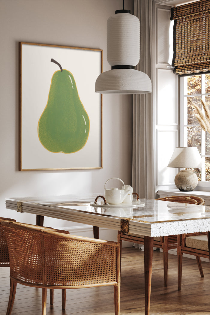 Contemporary green pear painting poster framed in a stylish dining room with natural light