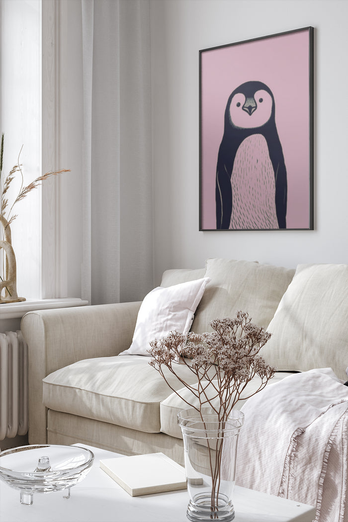 Stylish modern cartoon penguin poster framed on living room wall