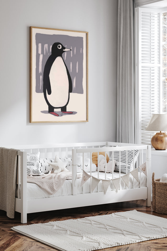 Stylized penguin illustration poster on a nursery room wall