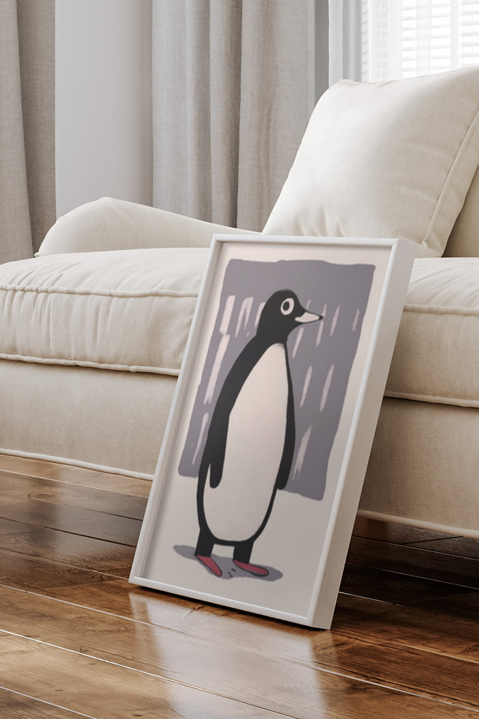 Contemporary penguin illustration poster framed in living room setting