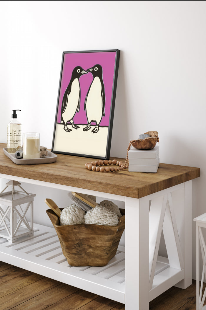 Stylish modern penguin illustration on a vibrant pink background, framed poster in a contemporary bathroom setting