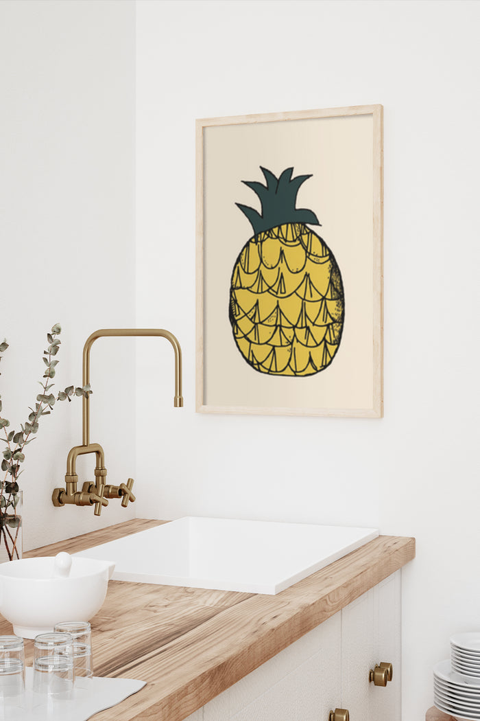 Modern pineapple artwork poster framed in a stylish kitchen setting