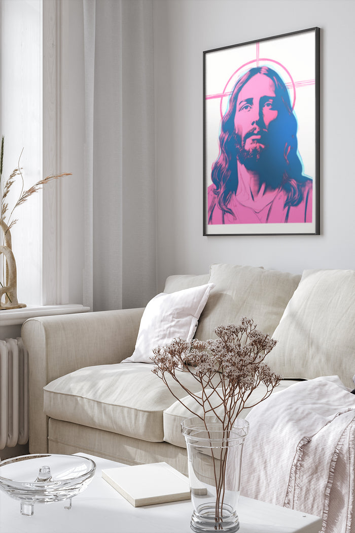 Modern Pink and Blue Jesus Portrait Poster Art in Stylish Living Room Interior
