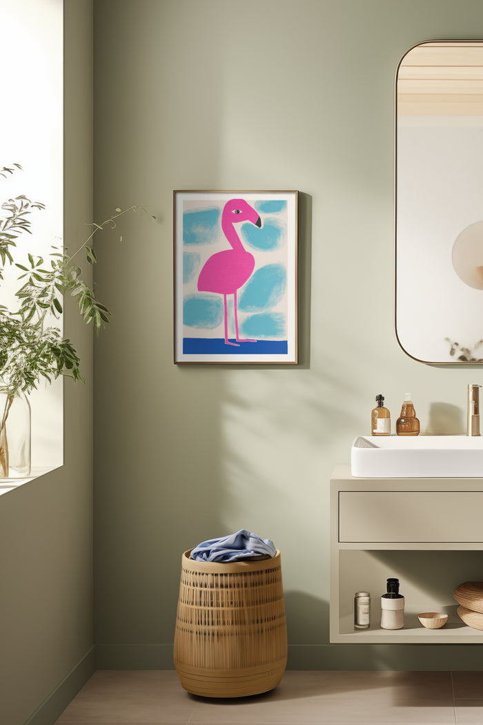 Modern Pink Flamingo Poster Mounted on Wall in Contemporary Bathroom Decor