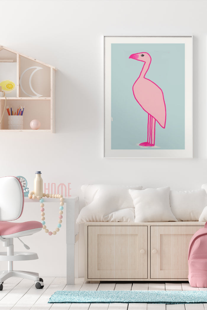 Contemporary Pink Flamingo Art Poster on Wall with Stylish Home Interior Decor