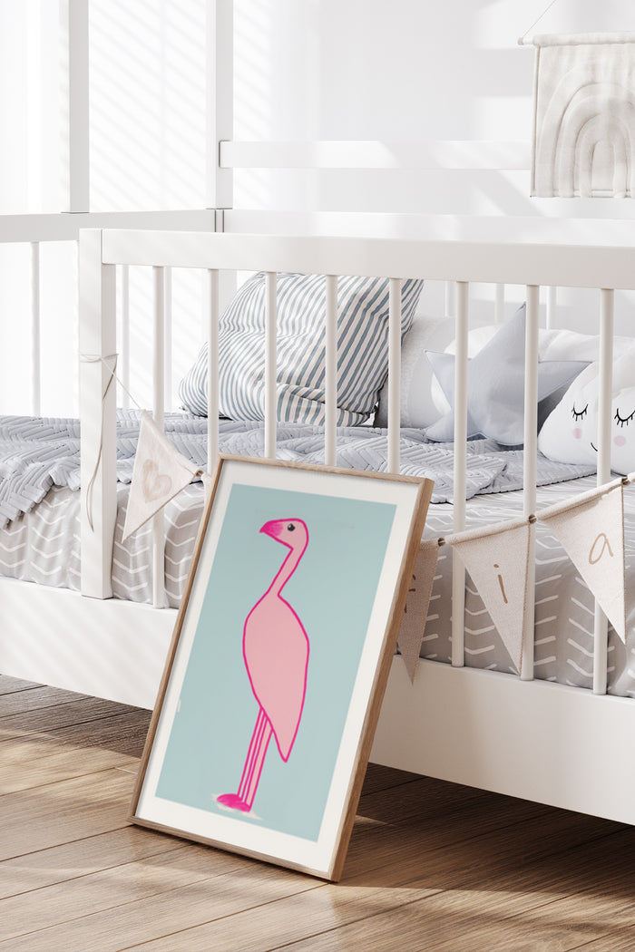 Modern minimalist pink flamingo artwork poster in a stylish nursery room setting