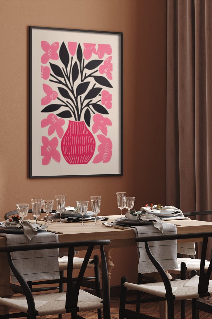 Contemporary pink and black floral poster in elegant dining room setting