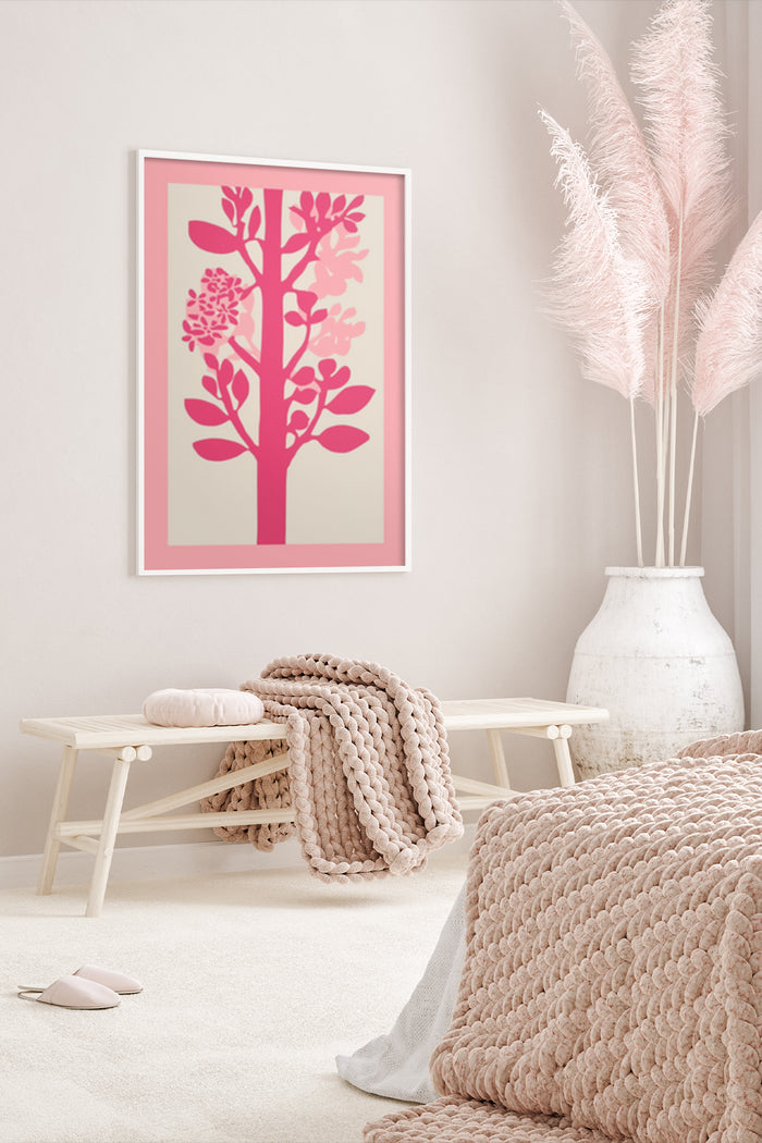 Stylish pink and beige floral tree artwork poster in a cozy home interior with chunky knit blanket and decorative vase
