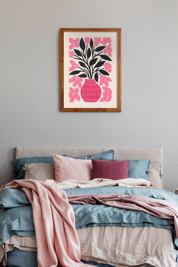 Modern abstract wall art with pink flowers in a vase, bedroom interior decor