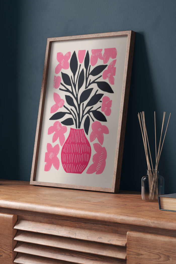 Stylish framed poster of modern pink floral design in a vase for contemporary home decor