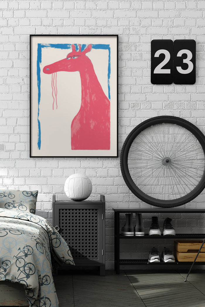 Modern Pink Giraffe Art Poster Mounted on Bedroom Wall