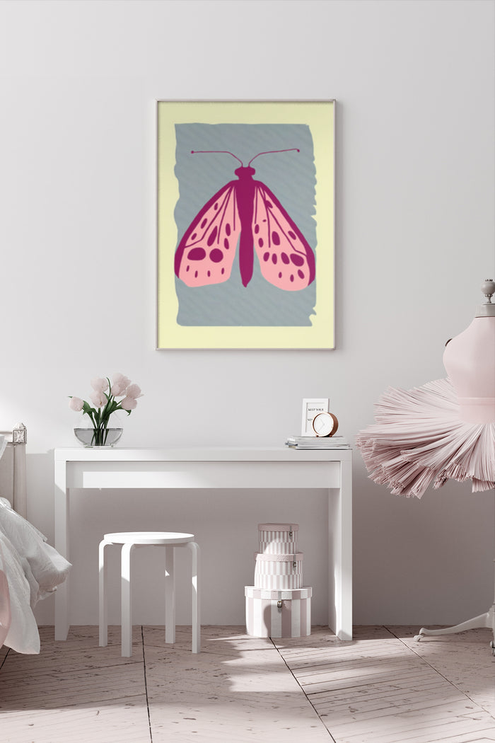 Stylish modern home interior showcasing pink moth artwork in a minimalist bedroom setting
