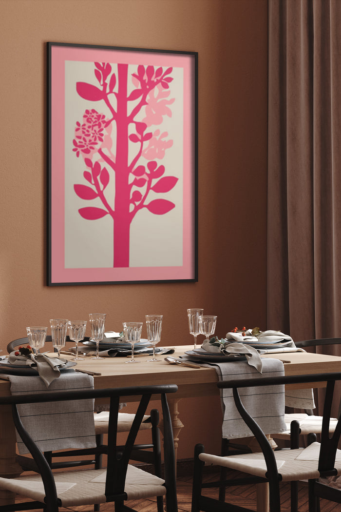 Contemporary Pink and Red Tree Art Poster in Elegant Dining Room Setting