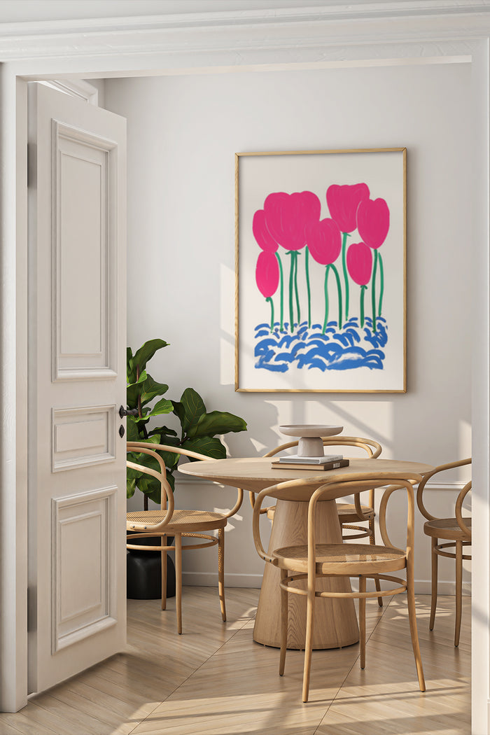 Stylish poster of abstract pink tulips with blue accents in a contemporary dining room setting