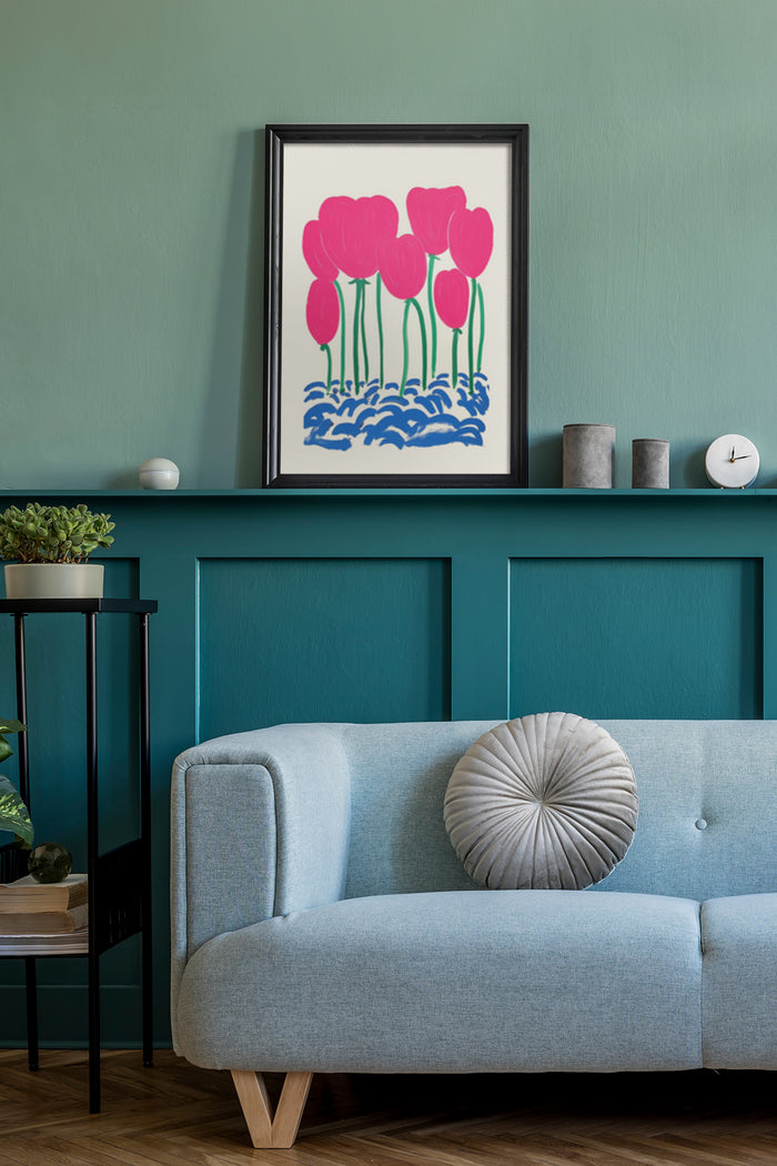 Modern pink tulips artwork poster in a living room setting