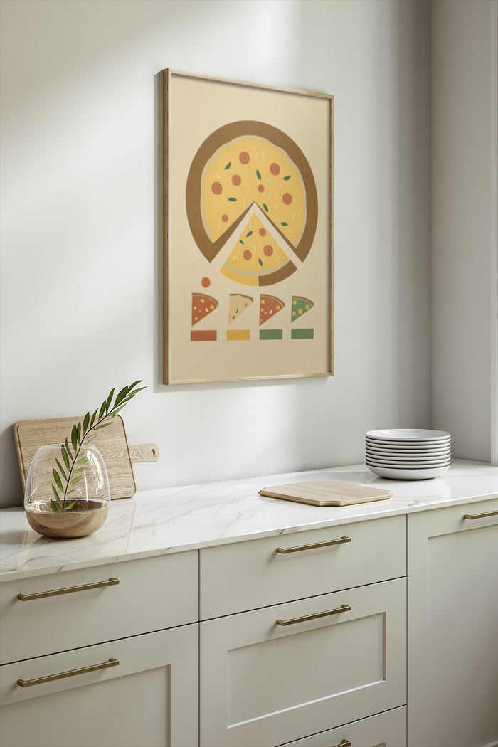 Modern geometric style pizza art poster framed in kitchen interior decor