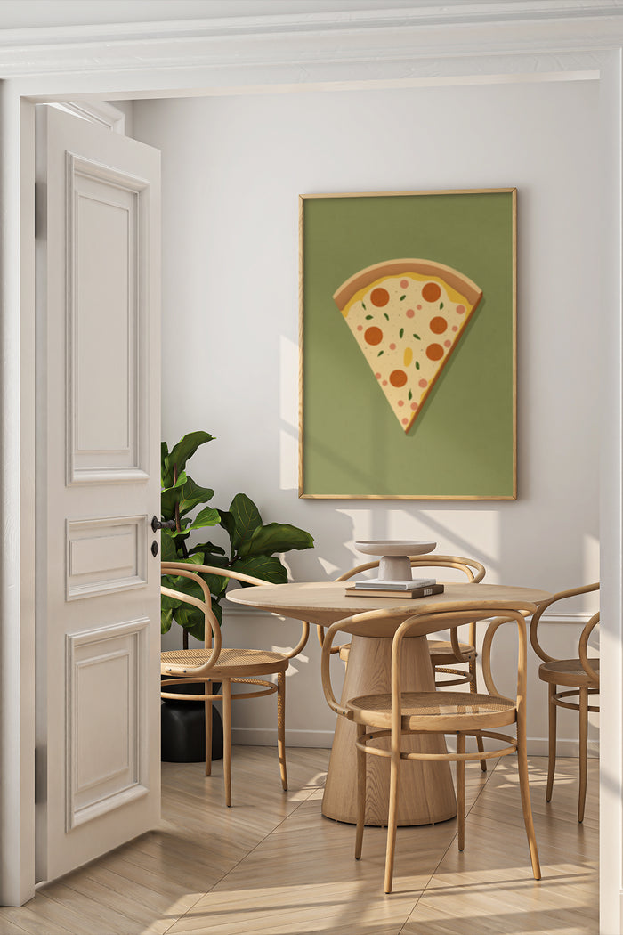 Modern dining room with an artistic pizza poster on the wall