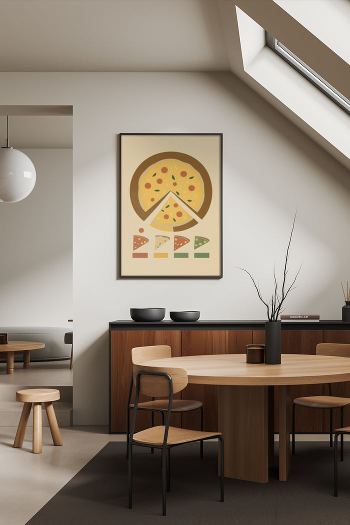 Stylized modern pizza-themed poster displayed in a contemporary dining room