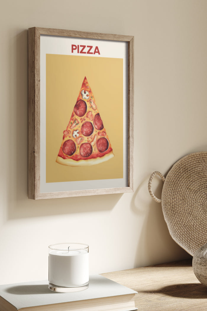 Modern pizza poster with a slice of pepperoni pizza in a stylish room setting