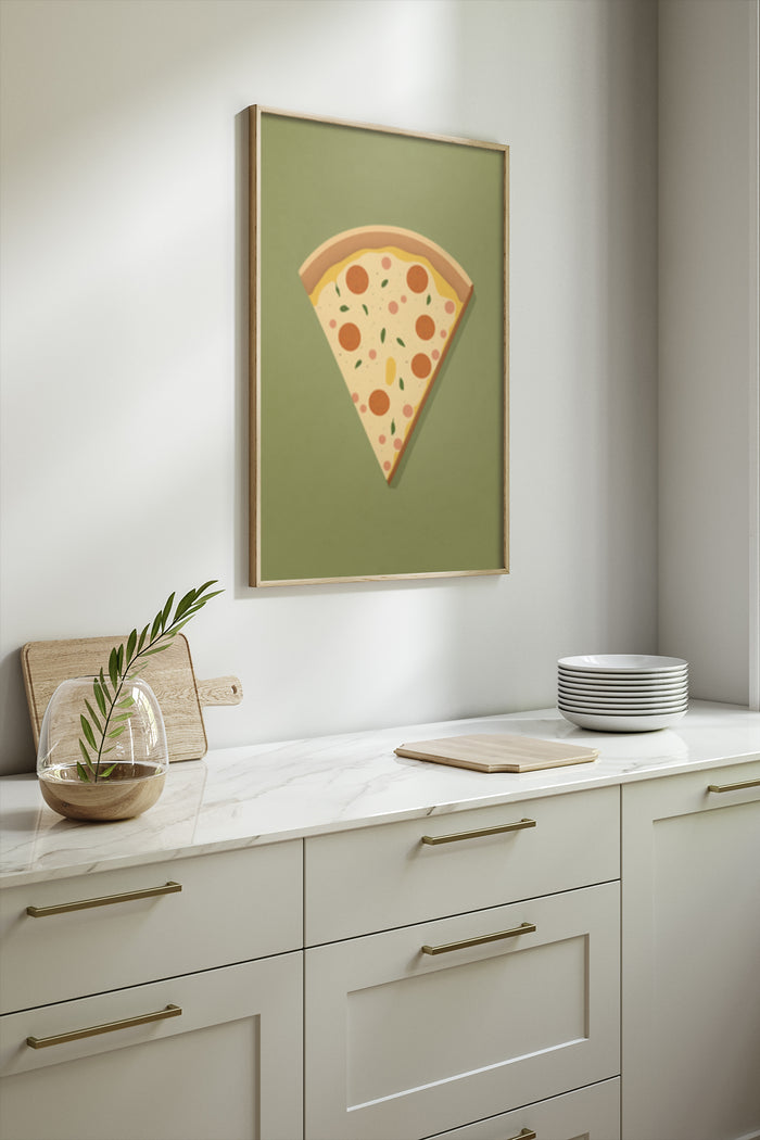 Modern pizza slice poster in a stylish kitchen setting as home decor