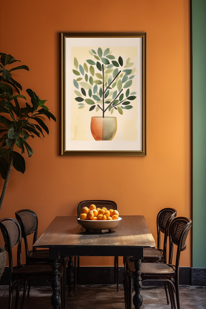 Stylish dining room interior with a modern framed artwork of a green plant in terracotta pot on the wall