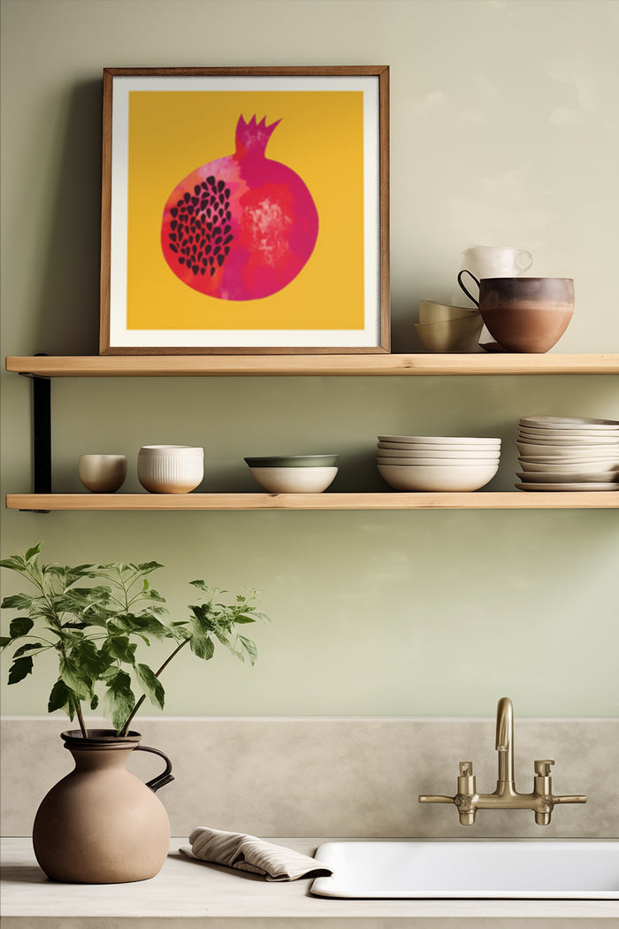 Contemporary pomegranate poster in yellow and red hues displayed as kitchen wall decoration