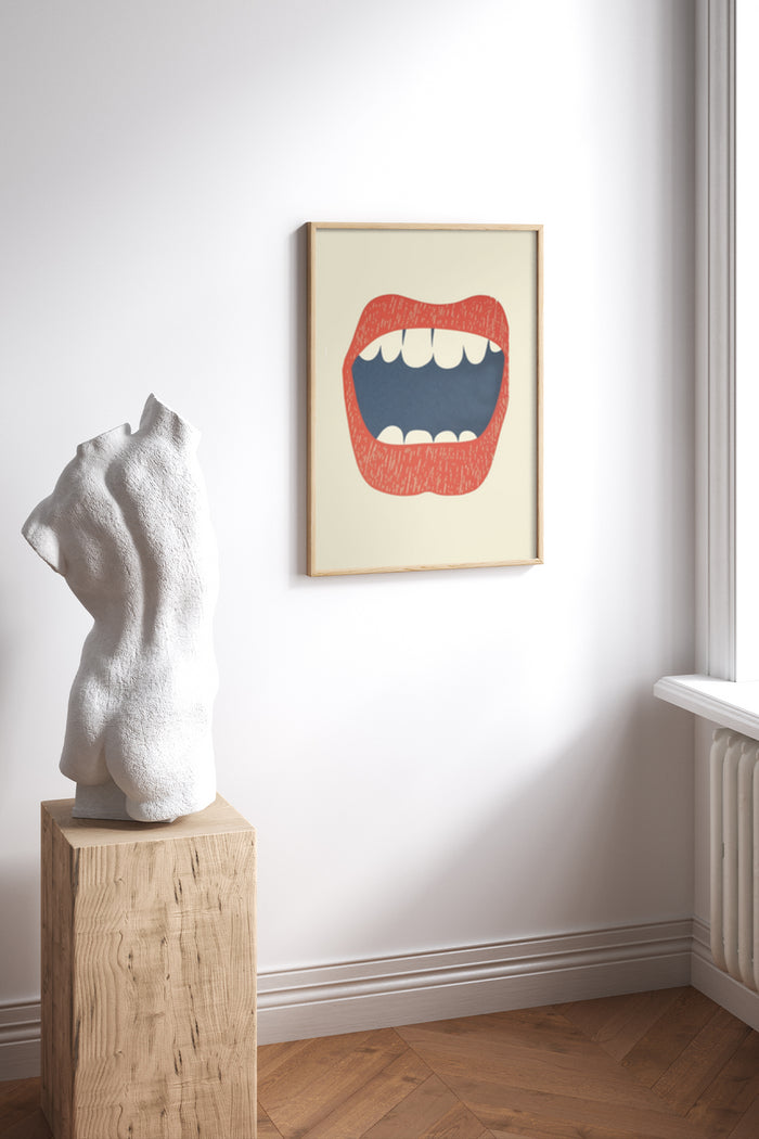 Modern pop art style poster featuring a colorful illustration of lips on a cream background displayed in a contemporary interior