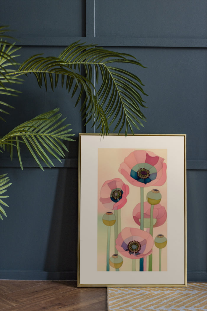 Stylish modern poppy flower illustration poster framed and displayed in a contemporary room with a houseplant