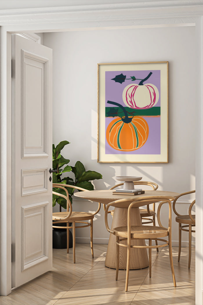Contemporary styled dining room with a colorful pumpkin poster art on the wall